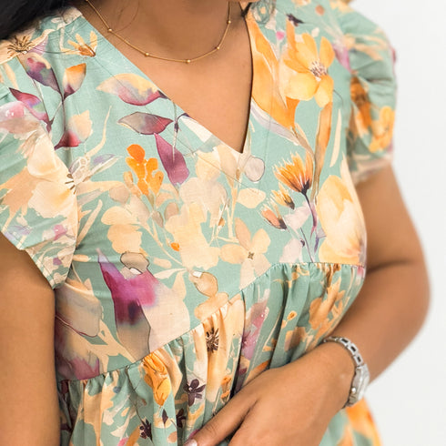 Powdered Green Floral Italian Cotton Flared Kurta