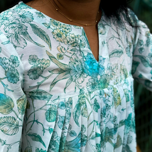 Cream & Green Floral Cotton Silk A-Line Kurta -PAK003