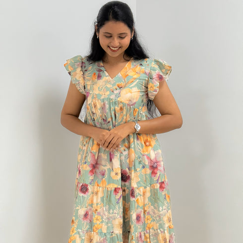 Powdered Green Floral Italian Cotton Flared Kurta