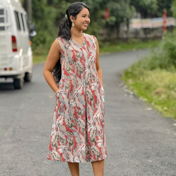 Cream Brushstroke Print A-Line Cotton Kurti with Inverted Box Pleat