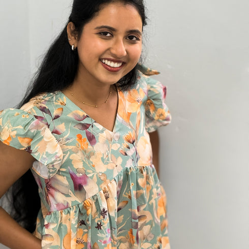 Powdered Green Floral Italian Cotton Flared Kurta