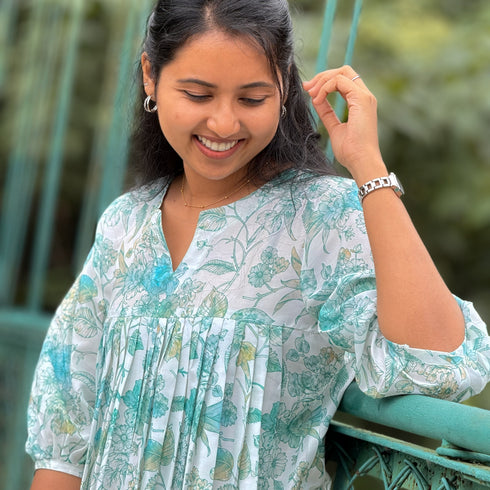 Cream & Green Floral Cotton Silk A-Line Kurta -PAK003