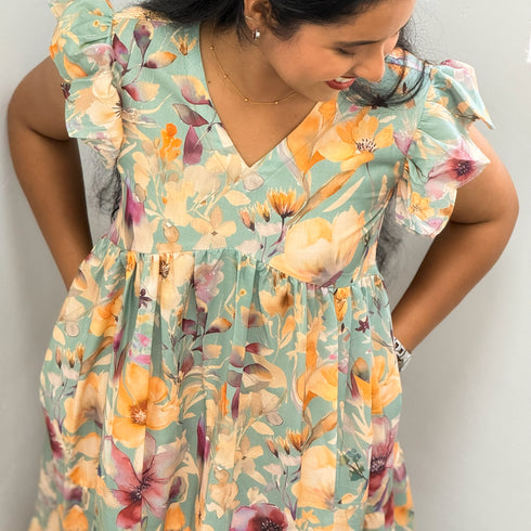 Powdered Green Floral Italian Cotton Flared Kurta