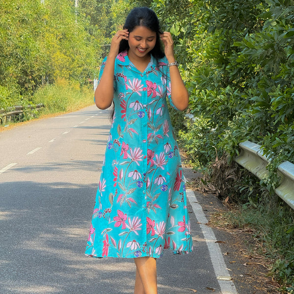 Black & Powdered blue Floral Poly Cotton Princess Cut Top with Back Tie